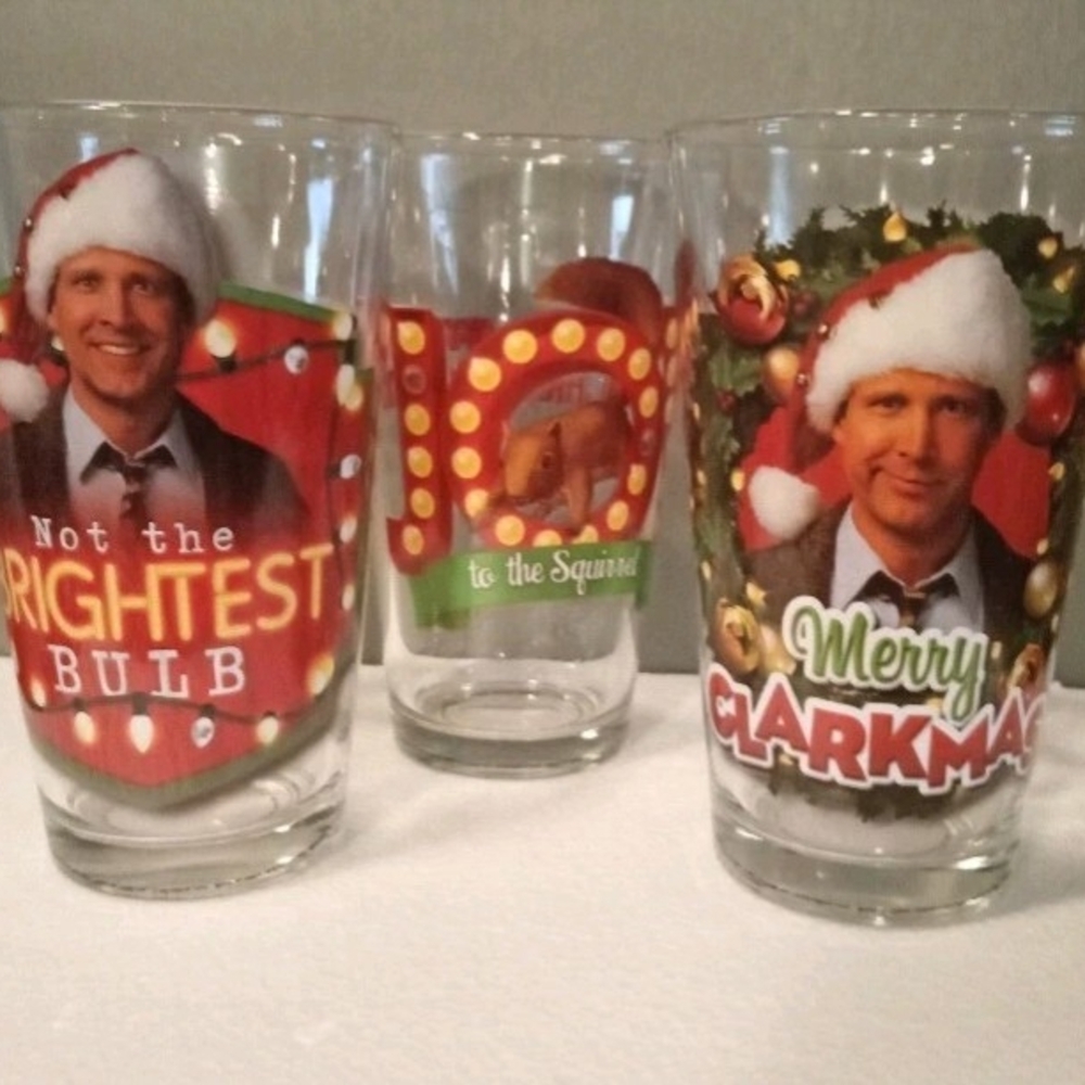 VTG 3 Chevy Chase Christmas Vacation Beer Glasses National Lampoon Squirrel 16oz